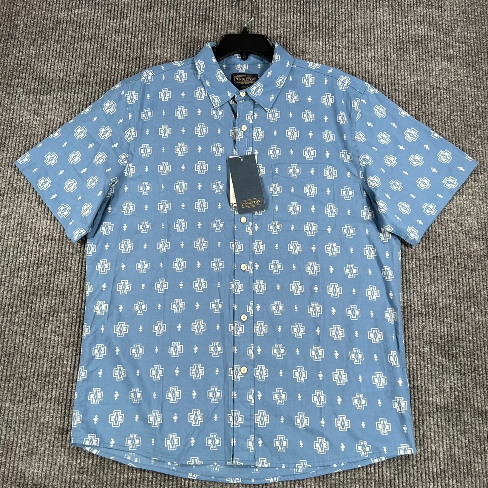 Pendleton Shirt Mens Large Blue Geometric Short Sleeve Button Comfort New - Picture 3 of 15